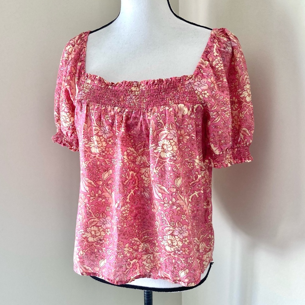 J Crew Floral Square Neck Smocked Top in Pink and Cream Size M - Picture 3 of 7